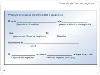 O modelo de Caso de Negócios
16
Preencha os espaços em branco para o seu projeto.
Durante ________________________________, a(o) ____________________.
(Período do Baseline) (Metrica Primária de Negocio)
para _________________________ foi _____________________________
(processos chave de negócios) Baseline
Esta lacuna de _____________________________________________
(GAP)
Do ___________________ representa ____________________. de impacto no custo.
(Objetivo do negócio) (Valor do Impacto de Custo)
 