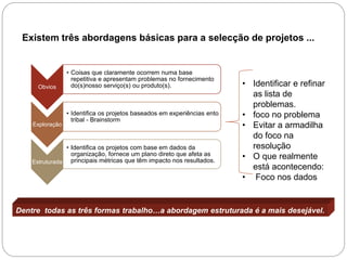 Existem três abordagens básicas para a selecção de projetos ...
Dentre todas as três formas trabalho…a abordagem estruturada é a mais desejável.
Obvios
• Coisas que claramente ocorrem numa base
repetitiva e apresentam problemas no fornecimento
do(s)nosso serviço(s) ou produto(s).
Exploração
• Identifica os projetos baseados em experiências ento
tribal - Brainstorm
Estruturada
• Identifica os projetos com base em dados da
organização, fornece um plano direto que afeta as
principais métricas que têm impacto nos resultados.
• Identificar e refinar
as lista de
problemas.
• foco no problema
• Evitar a armadilha
do foco na
resolução
• O que realmente
está acontecendo:
• Foco nos dados
 