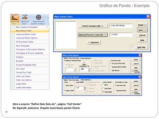 Gráfico de Pareto - Exemplo
31
Abra a arquivo "Define Data Sets.xls" , página “Call Center”
No SigmaXL selecione Graphic tools>basic pareto Charts
 