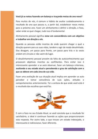 2
Você já se notou fazendo um balanço e traçando metas de ano novo?
Para muitos de nós, é comum o hábito de avaliar cuidadosamente o
resultado do ano que passou e, a partir daí, estabelecer novas metas
para o próximo ano. Fazer um alinhamento e definir a direção, o foco,
saber onde se quer chegar, tudo isso é fundamental.
Alinhamento pessoal significa estar em concordância com um objetivo
e trabalhar em direção a ele.
Quando as pessoas estão incertas de onde querem chegar e qual a
direção querem para as suas vidas, tendem a agir de modo desalinhado.
Elas divagam, um passo para frente, um passo para trás e às vezes
andam em círculos e não saem do lugar.
O desalinhamento pessoal provém da falta do autoconhecimento que
provocam objetivos incertos ou conflitantes. Para evitar isso é
interessante aprender a se auto observar, fazer um balanço criterioso,
avaliando o seu estado atual e percebendo o grau de satisfação com o
que se obteve em cada área de sua vida.
Fazer uma avaliação de sua situação atual implica em aprender se auto
perceber e tomar consciência de suas ações, atitudes e
comportamentos anteriormente. Ter a certeza de que onde você está é
o resultado das escolhas que você fez.
E com o foco no seu Estado Atual, se você constata que o resultado foi
satisfatório, o ideal é continuar fazendo as ações que proporcionaram
esta resposta. Por outro lado, o que trouxe um estado indesejado, o
interessante é redirecionar, fazer diferente.
 