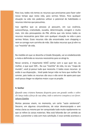 7
Para isso, todos nós temos os recursos que precisamos para fazer valer
nosso tempo aqui nesta vida, para sermos felizes. Para qualquer
situação na vida nós podemos utilizar o potencial de habilidades e
recursos internos que possuímos.
Isso significa que as pessoas já possuem, em sua essência,
autoconfiança, criatividade, ousadia, determinação, coragem e muito
mais. Um dos pressupostos da PNL afirma que nós temos todos os
recursos necessários para lidar com qualquer situação na vida e para
sermos felizes. Esses recursos não são encontrados num shopping e
nem se carrega num carrinho de mão. São todos recursos que já vêm na
sua “mochila” de vida.
Na medida em que se desenha o Estado Desejado, vai se estabelecendo
a meta e definindo os recursos necessários para se atingi-la.
Nesse cenário, é importante VOCÊ sonhar com o que quer ter, ou
melhor, o que quer SER... Na sua “mochila” de vida, no seu “mapa de
mundo”, você já possui tudo que necessita. E todos esses recursos já
estão à sua disposição... Você pode lançar mão na hora que melhor lhe
convier, pois todos os recursos são seus e vão servir de apoio para que
você possa chegar no objetivo maior a que se propõe.
II. Sonhar
Quando uma criatura humana desperta para um grande sonho e sobre
ele lança toda a força de sua alma, todo o universo conspira a ser favor.
Johann Goethe
Muitas pessoas vivem, no momento, um certo "vazio existencial".
Decorre, em algumas circunstâncias, de estar desencorajado e sem
metas claras ou mesmo por ter conquistado tudo muito rapidamente no
que se refere às coisas materiais. Mas está faltando dar um sentido ao
viver, a preencher a vida com mais satisfação. E esse sentido acontece a
 