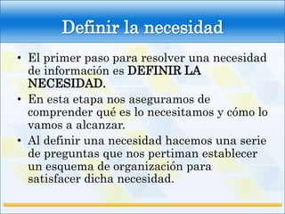 Definir la necesidad
• El primer paso para resolver una necesidad
  de información es DEFINIR LA
  NECESIDAD.
• En esta etapa nos aseguramos de
  comprender qué es lo necesitamos y cómo lo
  vamos a alcanzar.
• Al definir una necesidad hacemos una serie
  de preguntas que nos pertiman establecer
  un esquema de organización para
  satisfacer dicha necesidad.
 