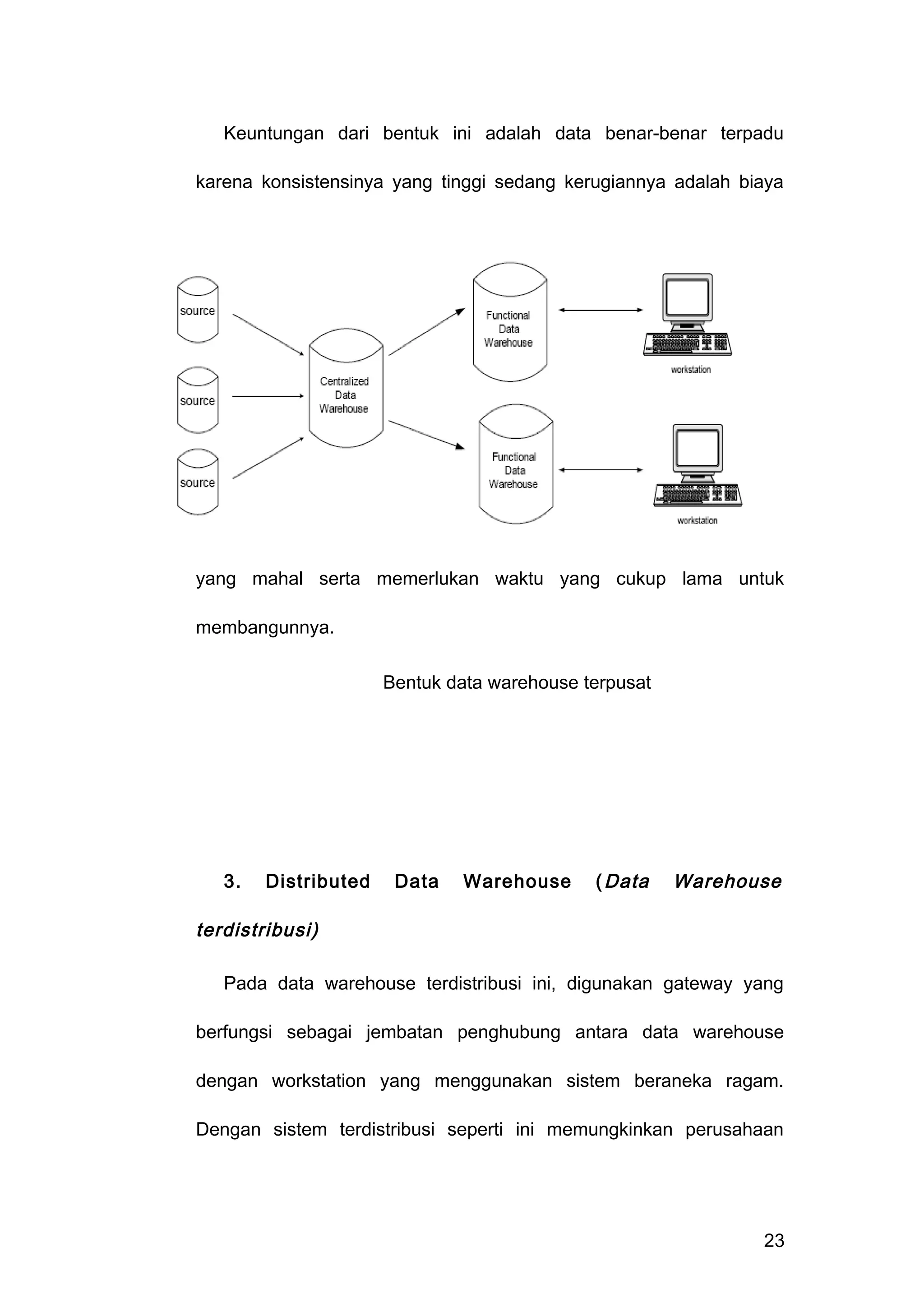 Keuntungan dari bentuk ini adalah data benar-benar terpadu
karena konsistensinya yang tinggi sedang kerugiannya adalah biaya
yang mahal serta memerlukan waktu yang cukup lama untuk
membangunnya.
3. Distributed Data Warehouse (Data Warehouse
terdistribusi)
Pada data warehouse terdistribusi ini, digunakan gateway yang
berfungsi sebagai jembatan penghubung antara data warehouse
dengan workstation yang menggunakan sistem beraneka ragam.
Dengan sistem terdistribusi seperti ini memungkinkan perusahaan
23
Bentuk data warehouse terpusat
 