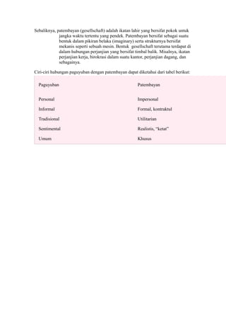 Sebaliknya, patembayan (gesellschaft) adalah ikatan lahir yang bersifat pokok untuk
jangka waktu tertentu yang pendek. Patembayan bersifat sebagai suatu
bentuk dalam pikiran belaka (imaginary) serta strukturnya bersifat
mekanis seperti sebuah mesin. Bentuk gesellschaft terutama terdapat di
dalam hubungan perjanjian yang bersifat timbal balik. Misalnya, ikatan
perjanjian kerja, birokrasi dalam suatu kantor, perjanjian dagang, dan
sebagainya.
Ciri-ciri hubungan paguyuban dengan patembayan dapat diketahui dari tabel berikut:
Paguyuban Patembayan
Personal
Informal
Tradisional
Sentimental
Umum
Impersonal
Formal, kontraktul
Utilitarian
Realistis, “ketat”
Khusus
 