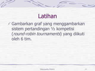Matematika Diskrit 13
Latihan
Gambarkan graf yang menggambarkan
sistem pertandingan ½ kompetisi
(round-robin tournaments) yang diikuti
oleh 6 tim.
 