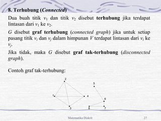 Matematika Diskrit 27
8. Terhubung (Connected)
Dua buah titik v1 dan titik v2 disebut terhubung jika terdapat
lintasan dari v1 ke v2.
G disebut graf terhubung (connected graph) jika untuk setiap
pasang titik vi dan vj dalam himpunan V terdapat lintasan dari vi ke
vj.
Jika tidak, maka G disebut graf tak-terhubung (disconnected
graph).
Contoh graf tak-terhubung:
1
2
3
4
5
6
7
8
 