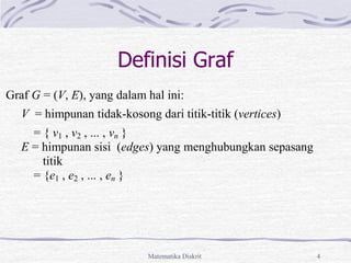 Matematika Diskrit 4
Definisi Graf
Graf G = (V, E), yang dalam hal ini:
V = himpunan tidak-kosong dari titik-titik (vertices)
= { v1 , v2 , ... , vn }
E = himpunan sisi (edges) yang menghubungkan sepasang
titik
= {e1 , e2 , ... , en }
 