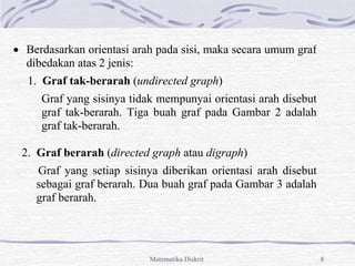 Matematika Diskrit 8
 Berdasarkan orientasi arah pada sisi, maka secara umum graf
dibedakan atas 2 jenis:
1. Graf tak-berarah (undirected graph)
Graf yang sisinya tidak mempunyai orientasi arah disebut
graf tak-berarah. Tiga buah graf pada Gambar 2 adalah
graf tak-berarah.
2. Graf berarah (directed graph atau digraph)
Graf yang setiap sisinya diberikan orientasi arah disebut
sebagai graf berarah. Dua buah graf pada Gambar 3 adalah
graf berarah.
 