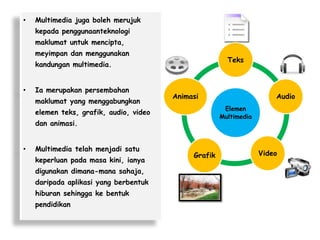 •

Multimedia juga boleh merujuk
kepada penggunaanteknologi
maklumat untuk mencipta,
meyimpan dan menggunakan

Teks

kandungan multimedia.
•

Ia merupakan persembahan
maklumat yang menggabungkan

Animasi
Elemen
Multimedia

elemen teks, grafik, audio, video
dan animasi.

•

Multimedia telah menjadi satu
keperluan pada masa kini, ianya
digunakan dimana-mana sahaja,
daripada aplikasi yang berbentuk
hiburan sehingga ke bentuk

pendidikan

Audio

Grafik

Video

 
