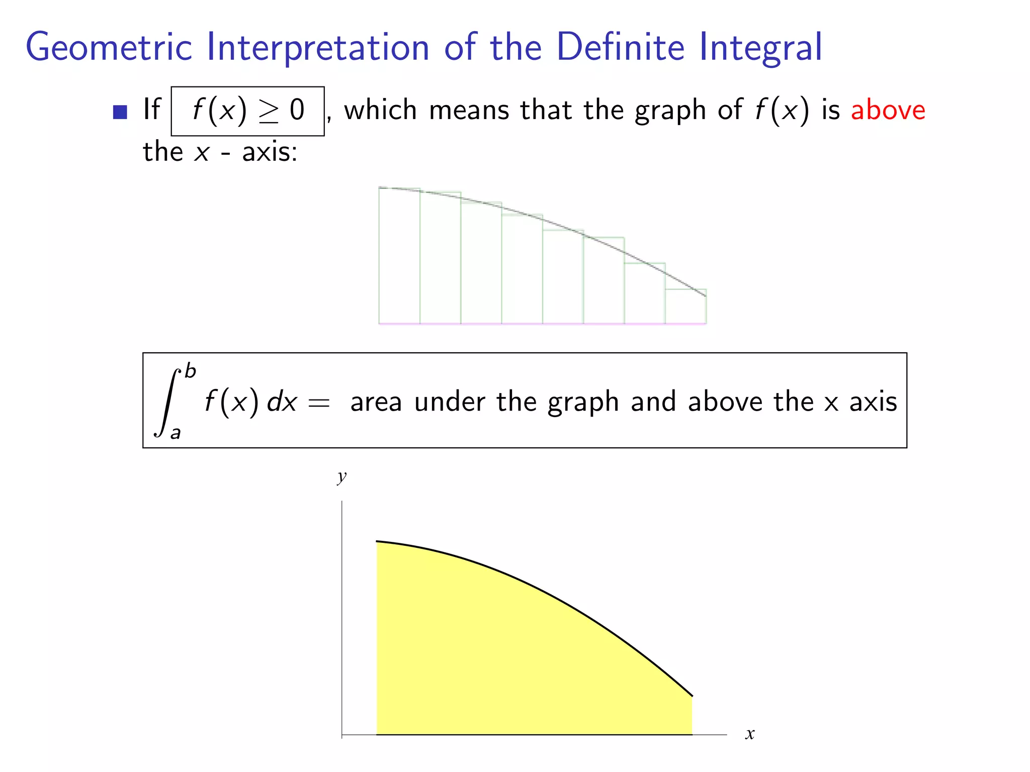 Geometric Interpretation of the Deﬁnite Integral
       If f (x) ≥ 0 , which means that the graph of f (x) is above
       the x - axis:




             b
                 f (x) dx = area under the graph and above the x axis
         a
                           y




                                                         x
 