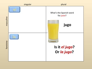 singular             plural


                       What’s the Spanish word
                              for juice?
masculine




                                    jugo
feminine




                          Is it el jugo?
                           Or la jugo?
 