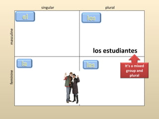 singular       plural
masculine




                       los estudiantes

                                    It’s a mixed
                                     group and
feminine




                                        plural
 
