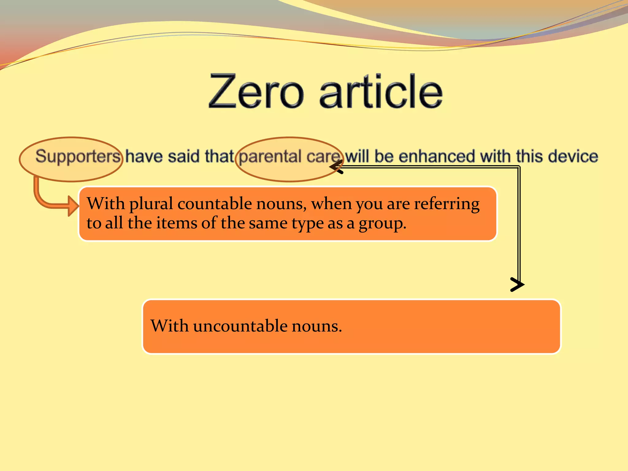 With plural countable nouns, when you are referring
to all the items of the same type as a group.




        With uncountable nouns.
 