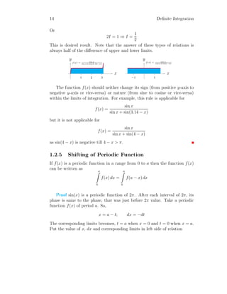 14 Definite Integration
Or
2I = 1 ⇒ I =
1
2
This is desired result. Note that the answer of these types of relations is
always half of the difference of upper and lower limits.
1 2 3
x
y
f(x) = sin x
sin x+sin(3.14−x)
1
−1
x
y
f(x) = cos x
cos x+cos(−x)
The function f(x) should neither change its sign (from positive y-axis to
negative y-axis or vice-versa) or nature (from sine to cosine or vice-versa)
within the limits of integration. For example, this rule is applicable for
f(x) =
sin x
sin x + sin(3.14 − x)
but it is not applicable for
f(x) =
sin x
sin x + sin(4 − x)
as sin(4 − x) is negative till 4 − x > π.
1.2.5 Shifting of Periodic Function
If f(x) is a periodic function in a range from 0 to a then the function f(x)
can be written as a
Z
0
f(x) dx =
a
Z
0
f(a − x) dx
Proof sin(x) is a periodic function of 2π. After each interval of 2π, its
phase is same to the phase, that was just before 2π value. Take a periodic
function f(x) of period a. So,
x = a − t; dx = −dt
The corresponding limits becomes, t = a when x = 0 and t = 0 when x = a.
Put the value of x, dx and corresponding limits in left side of relation
 