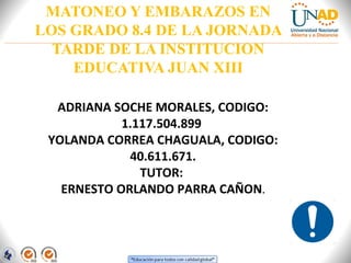 MATONEO Y EMBARAZOS EN
LOS GRADO 8.4 DE LA JORNADA
TARDE DE LA INSTITUCION
EDUCATIVA JUAN XIII
ADRIANA SOCHE MORALES, CODIGO:
1.117.504.899
YOLANDA CORREA CHAGUALA, CODIGO:
40.611.671.
TUTOR:
ERNESTO ORLANDO PARRA CAÑON.

 