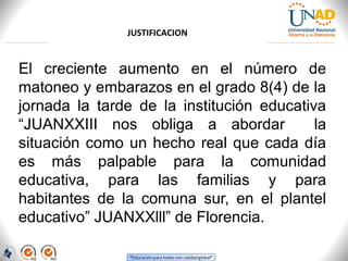JUSTIFICACION

El  creciente  aumento  en  el  número  de 
matoneo y embarazos en el grado 8(4) de la 
jornada  la  tarde  de  la  institución  educativa 
“JUANXXIII  nos  obliga  a  abordar    la 
situación  como  un  hecho  real  que  cada  día 
es  más  palpable  para  la  comunidad 
educativa,  para  las  familias  y  para 
habitantes  de  la  comuna  sur,  en  el  plantel 
educativo” JUANXXlll” de Florencia.

 