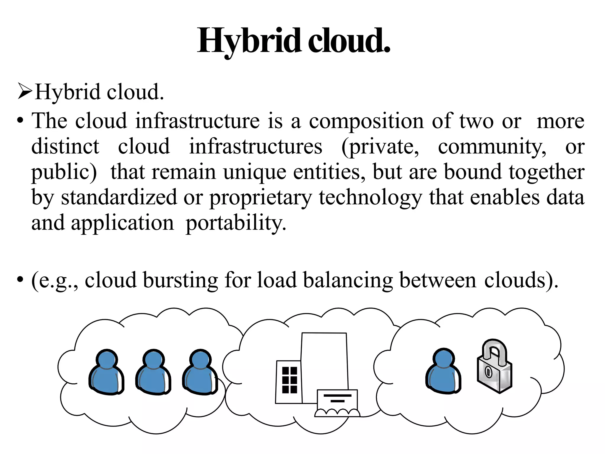 Hybridcloud.
Hybrid cloud.
• The cloud infrastructure is a composition of two or more
distinct cloud infrastructures (private, community, or
public) that remain unique entities, but are bound together
by standardized or proprietary technology that enables data
and application portability.
• (e.g., cloud bursting for load balancing between clouds).
 