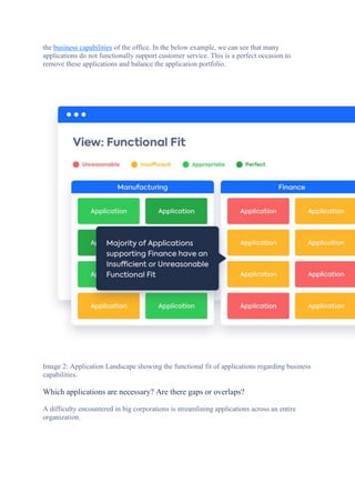 the business capabilities of the office. In the below example, we can see that many
applications do not functionally support customer service. This is a perfect occasion to
remove these applications and balance the application portfolio.
Image 2: Application Landscape showing the functional fit of applications regarding business
capabilities.
Which applications are necessary? Are there gaps or overlaps?
A difficulty encountered in big corporations is streamlining applications across an entire
organization.
 