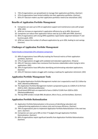 5. 73% of organizations use spreadsheets to manage their application portfolios. (Gartner)
6. 37% of organizations have limited visibility into their application portfolios. (Gartner)
7. 82% of IT decision-makers say their application portfolios need to be rationalized. (IDC)
Benefits of Application Portfolio Management
8. Companies can save up to 25% on application support and maintenance costs with proper
APM. (IDC)
9. APM can increase an organization’s application efficiency by up to 40%. (Accenture)
10. Companies can reduce their application failure rates by up to 90% with APM. (Gartner)
11. 85% of organizations with strong APM capabilities report better alignment between IT and
business goals. (IDC)
12. APM can reduce the number of software applications by up to 30%, leading to cost savings.
(Gartner)
Challenges of Application Portfolio Management
Twitch Studio vs Streamlabs CPU utilization comparison
13. 60% of organizations have difficulty tracking the financial metrics of their application
portfolios. (Gartner)
14. 57% of organizations struggle with outdated and redundant applications. (Flexera)
15. 49% of IT decision-makers face resistance from business stakeholders when trying to retire
applications. (IDC)
16. 39% of organizations have difficulties identifying and eliminating redundant applications.
(Gartner)
17. 32% of IT decision-makers struggle with creating a roadmap for application retirement. (IDC)
Application Portfolio Management Tools
18. The global Application Portfolio Management market size is expected to reach $3.1 billion by
2026. (MarketsandMarkets)
19. The Application Portfolio Management market is projected to grow at a CAGR of 12.5% from
2020 to 2025. (MarketsandMarkets)
20. Cloud-based APM tools are expected to have a CAGR of 23.8% from 2020 to 2025.
(MarketsandMarkets)
21. The top APM vendors include IBM, Broadcom, Micro Focus, and ServiceNow. (Gartner)
Application Portfolio Rationalization
22. Application Portfolio Rationalization is the process of identifying redundant and
underperforming applications to reduce costs and increase efficiency. (Gartner)
23. 70% of organizations plan to implement Application Portfolio Rationalization in the next two
years. (Gartner)
24. Companies can save up to 30% on their IT budgets through Application Portfolio
Rationalization. (Gartner)
25. 89% of organizations report significant benefits from Application Portfolio Rationalization.
(Gartner)
 