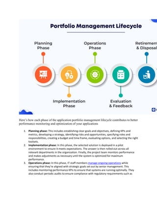 Here’s how each phase of the application portfolio management lifecycle contributes to better
performance monitoring and optimization of your applications
1. Planning phase: This includes establishing clear goals and objectives, defining KPIs and
metrics, developing a strategy, identifying risks and opportunities, specifying roles and
responsibilities, creating a budget and time frame, evaluating options, and selecting the right
toolsets.
2. Implementation phase: In this phase, the selected solution is deployed in a pilot
environment to ensure it meets expectations. The answer is then rolled out across all
relevant departments in the organization. Finally, the project team monitors performance
and makes adjustments as necessary until the system is optimized for maximum
performance.
3. Operations phase: In this phase, IT staff members manage ongoing operations while
ensuring that they’re aligned with strategic goals set out by senior management. This
includes monitoring performance KPIs to ensure that systems are running optimally. They
also conduct periodic audits to ensure compliance with regulatory requirements such as
 