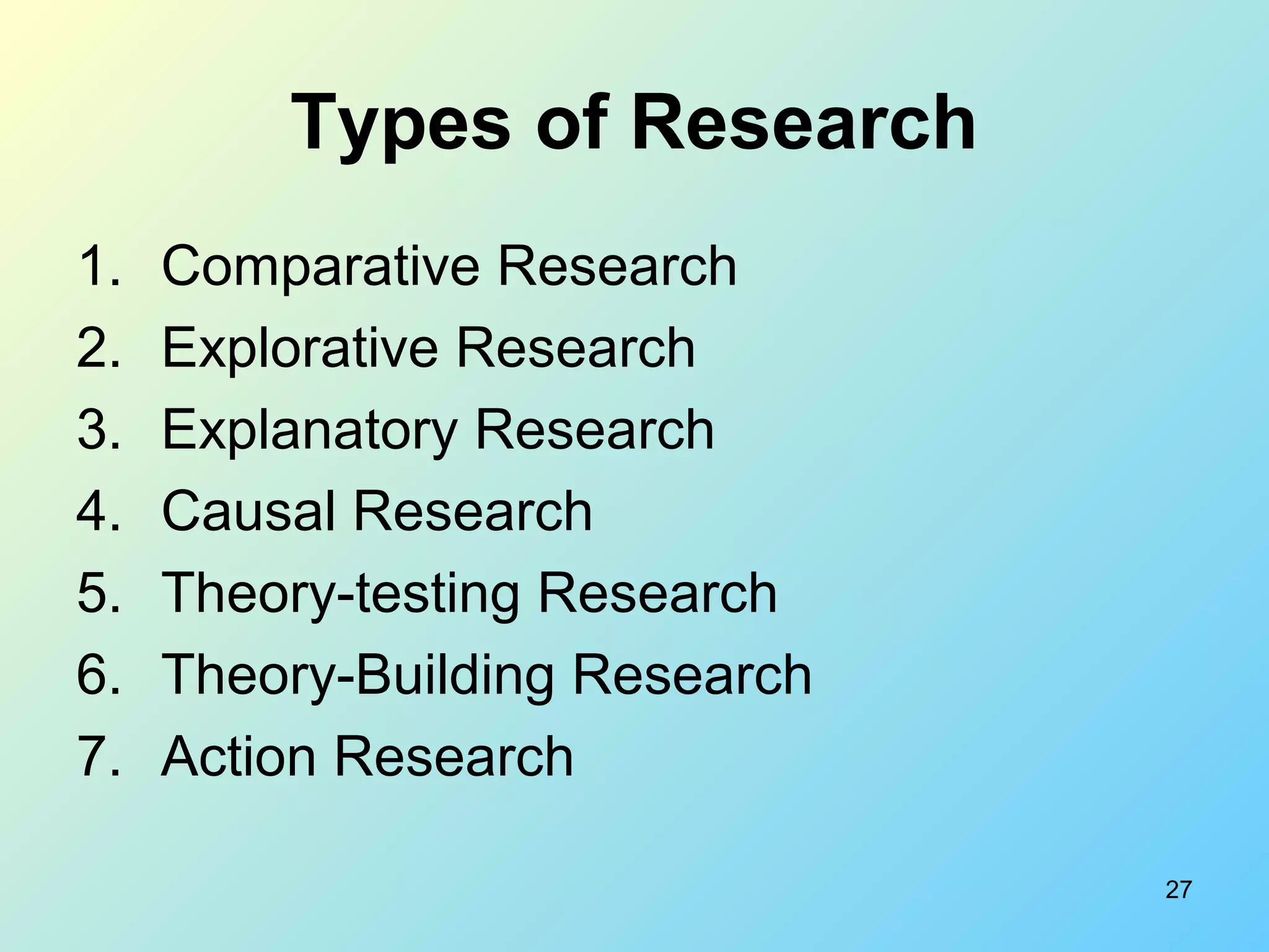 27
Types of Research
1. Comparative Research
2. Explorative Research
3. Explanatory Research
4. Causal Research
5. Theory-testing Research
6. Theory-Building Research
7. Action Research
 