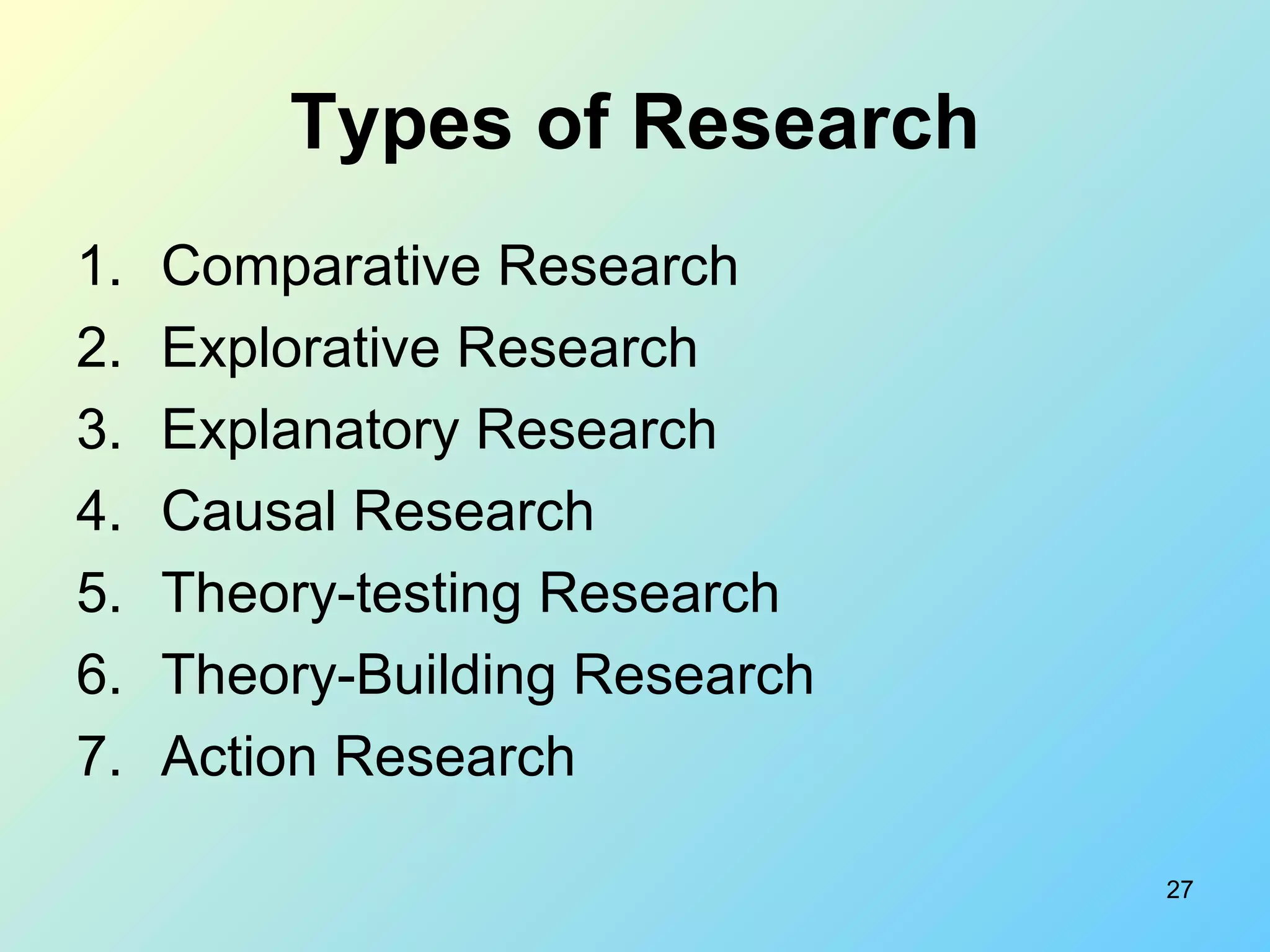 Types of Research Comparative Research Explorative Research Explanatory Research  Causal Research Theory-testing Research Theory-Building Research Action Research  
