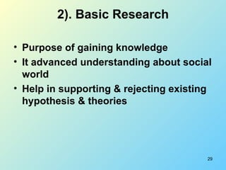 2). Basic Research <ul><li>Purpose of gaining knowledge </li></ul><ul><li>It advanced understanding about social world  </...