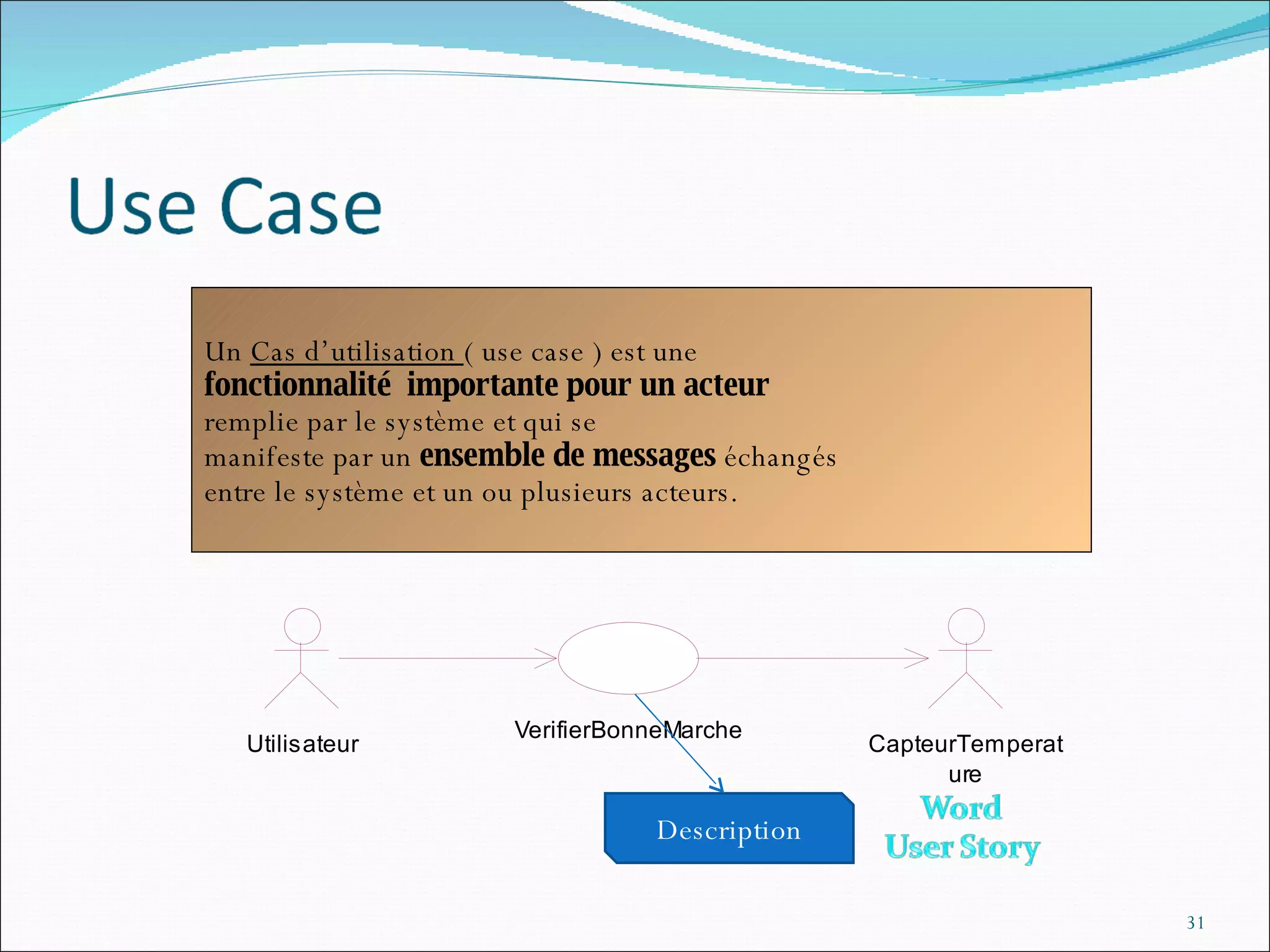 Un  Cas d’utilisation  ( use case ) est une  fonctionnalité   importante pour un acteur  remplie par le système et qui se manifeste par un  ensemble de messages  échangés entre le système et un ou plusieurs acteurs.  Description 