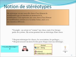 Un stéréotype est une nouvelle classe d’un élément de  modélisation qui est introduit au moment de la  modélisation. Cela représente une sous classe d’un élément de modélisation existant avec la même forme, mais avec une intention différente. Exemple : un acteur est "comme" une classe, mais il ne fait pas partie du système. Un acteur pourrait être un stéréotype d'une classe On peut stéréotyper les classes, les associations, les packages, ….. On peut associer un nouvel icône pour chaque nouveau stéréotype. 