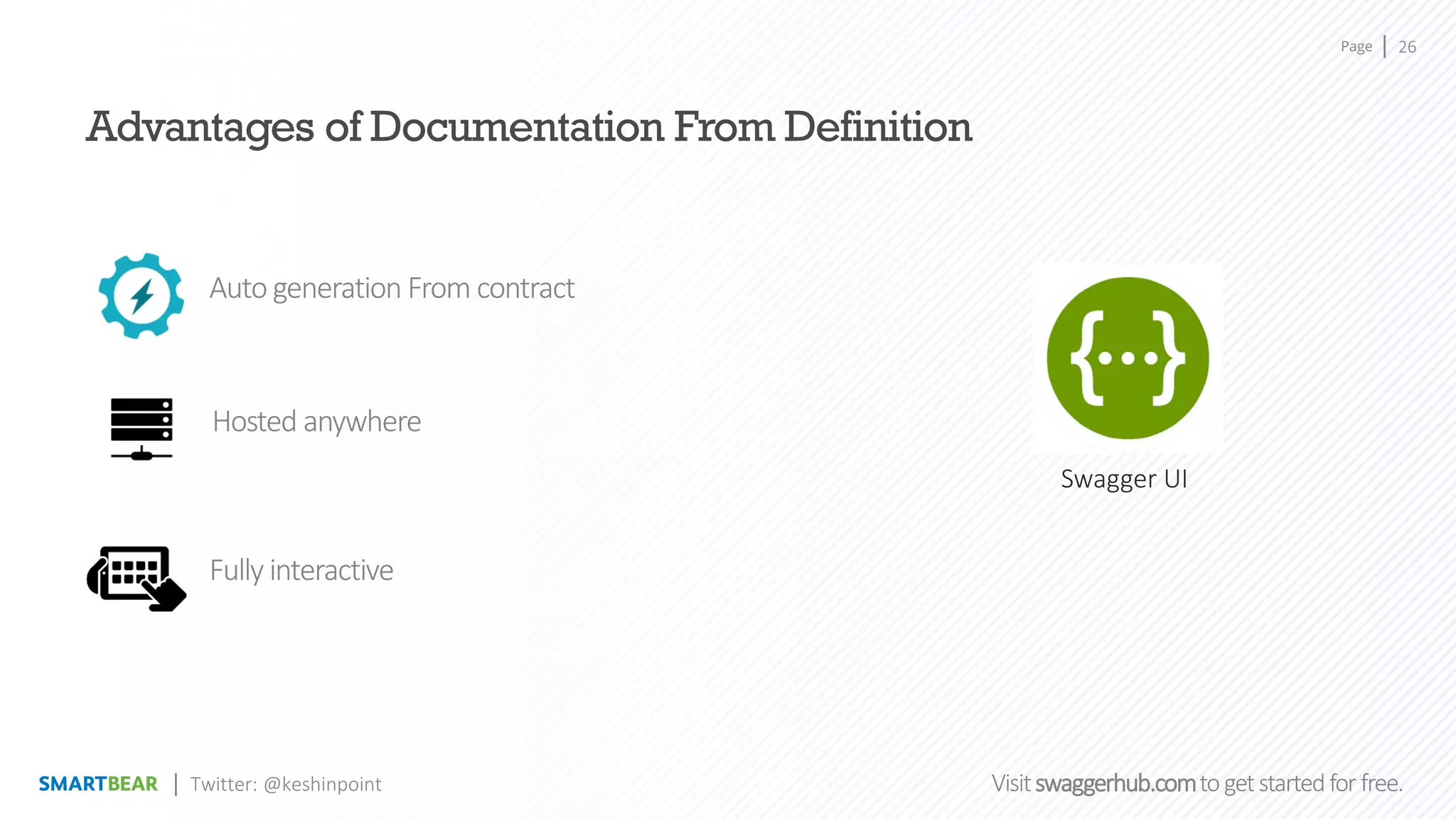 Page
Visitswaggerhub.comtogetstartedfor free.
26
Twitter: @keshinpoint
Advantages of Documentation From Definition
Auto generation From contract
Fully interactive
Hosted anywhere
Swagger UI
 