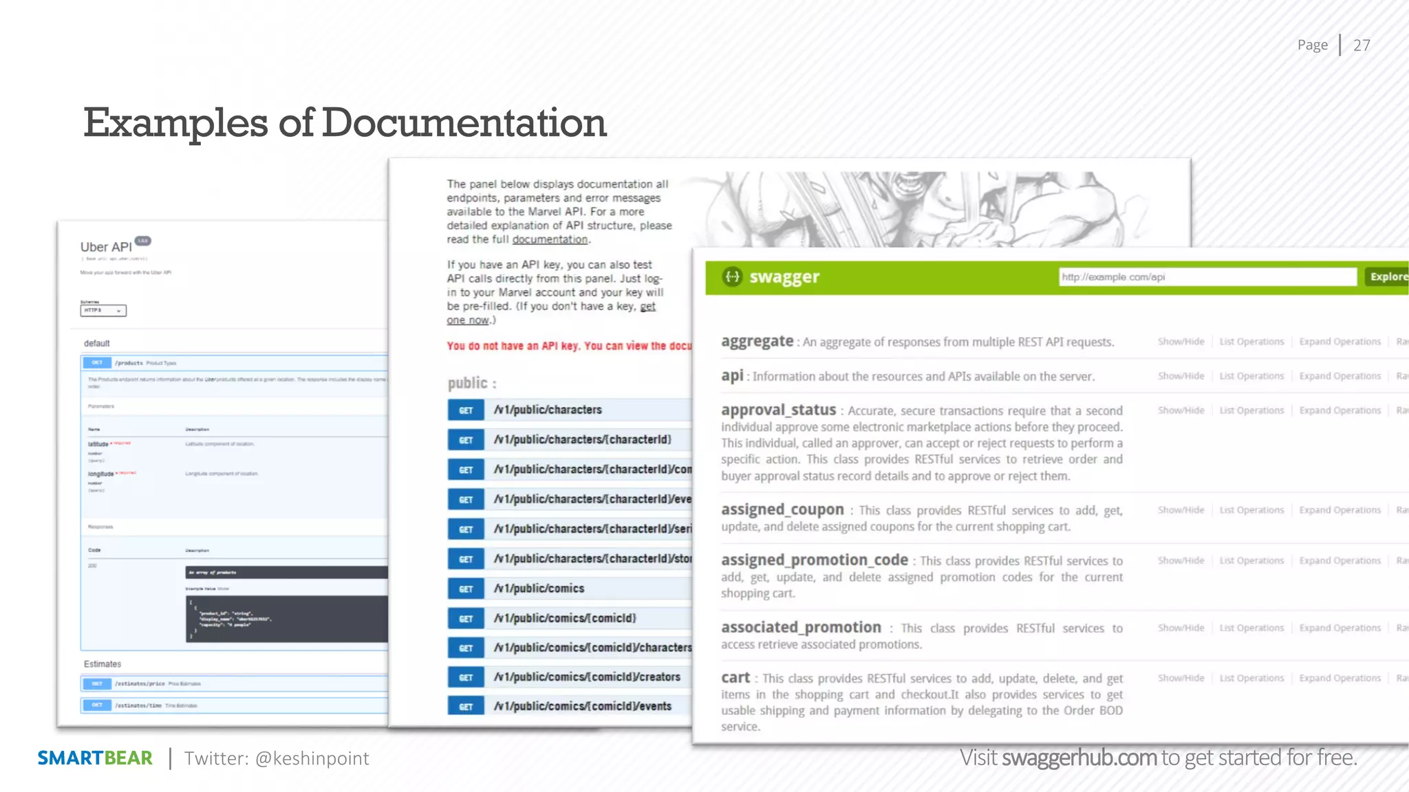 Page
Visitswaggerhub.comtogetstartedfor free.
Examples of Documentation
27
Twitter: @keshinpoint
 