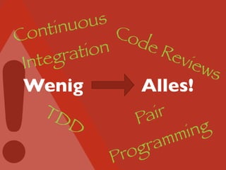 Wenig Alles!
TDD Pair
Programming
Code Reviews
Continuous
Integration
 