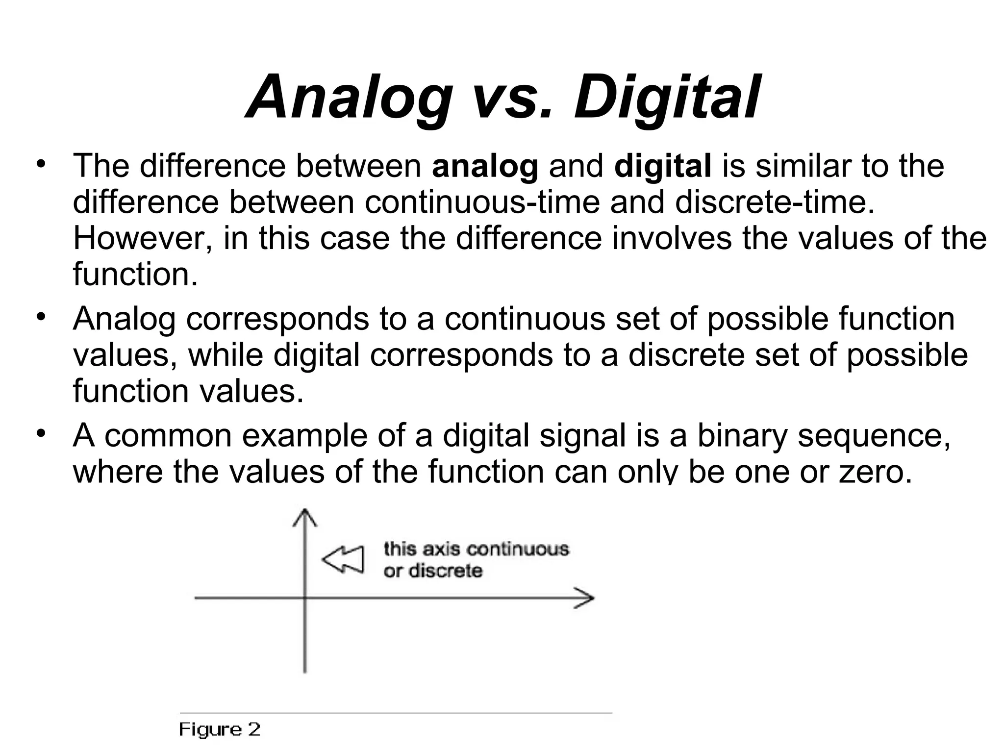 Analog vs. Digital
• The difference between analog and digital is similar to the
  difference between continuous-time and discrete-time.
  However, in this case the difference involves the values of the
  function.
• Analog corresponds to a continuous set of possible function
  values, while digital corresponds to a discrete set of possible
  function values.
• A common example of a digital signal is a binary sequence,
  where the values of the function can only be one or zero.
 