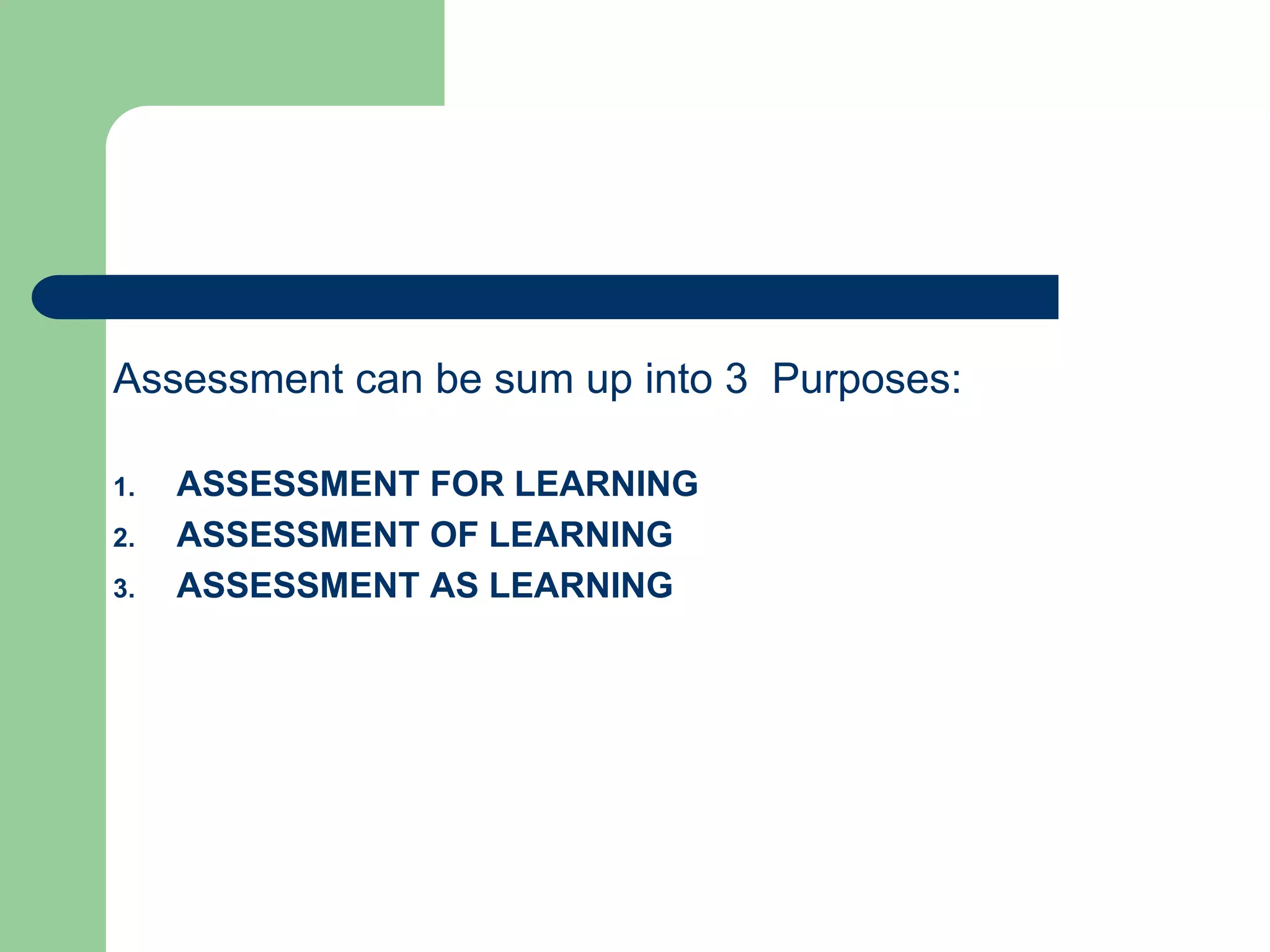 Assessment can be sum up into 3 Purposes:
1. ASSESSMENT FOR LEARNING
2. ASSESSMENT OF LEARNING
3. ASSESSMENT AS LEARNING
 