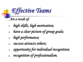 Effective Teams
1. high skills, high motivation;
2. have a clear picture of group goals;
3. high performance;
4. success attracts others;
5. opportunity for individual recognition;
6. recognition of professionalism.
Are a result of:
 