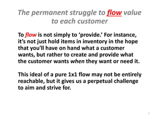 What We Mean by 'First Definition'
What is Lean??
“Lean is the permanent struggle to
better flow value to each customer”
This first definition focuses on what we are trying to do,
while many start with a definition of how to approach it
“We do that by..." "It involves..."
A 'first definition'
+
Rother & Liker 7
Further
definition
 