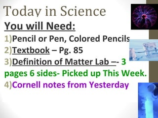 Today in Science
You will Need:
1)Pencil or Pen, Colored Pencils
2)Textbook – Pg. 85
3)Definition of Matter Lab –- 3
pages 6 sides- Picked up This Week.
4)Cornell notes from Yesterday
 