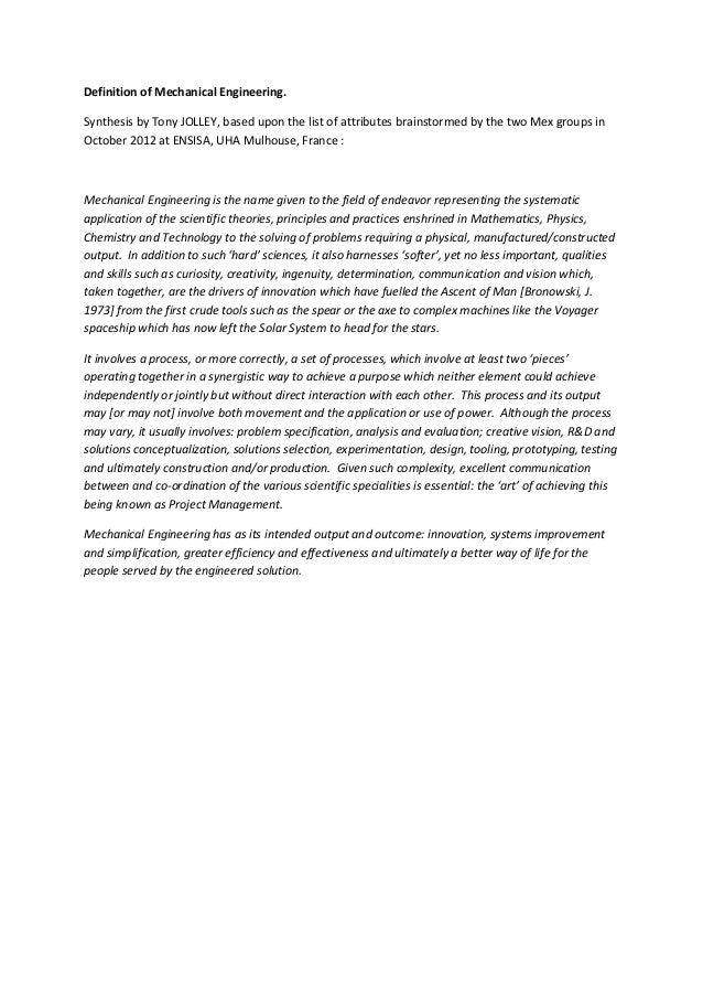 Definition Of Mechanical Engineering Definition of mechanical engineering