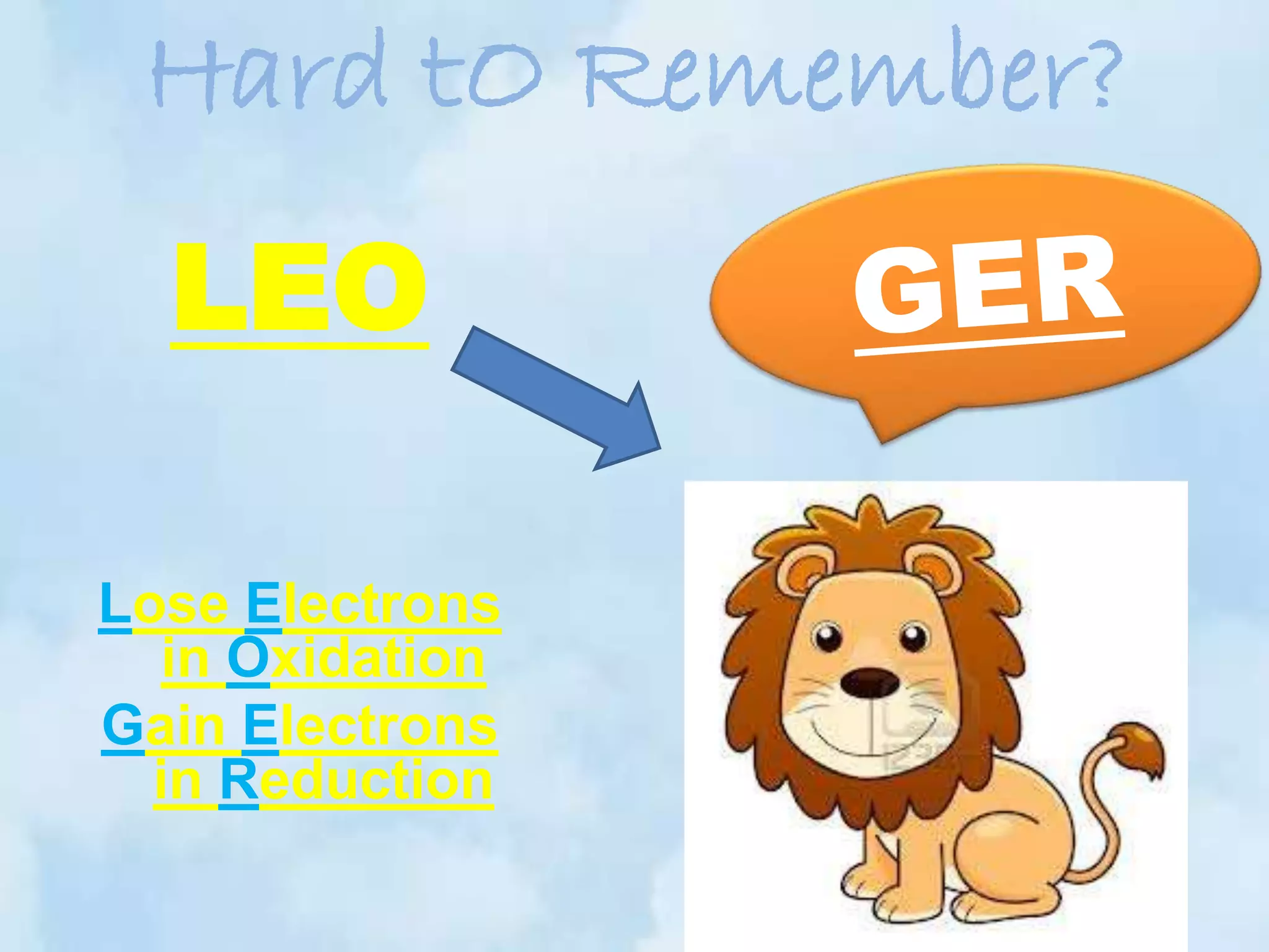 Hard tO Remember?
  LEO

Lose Electrons
  in Oxidation
Gain Electrons
  in Reduction
 