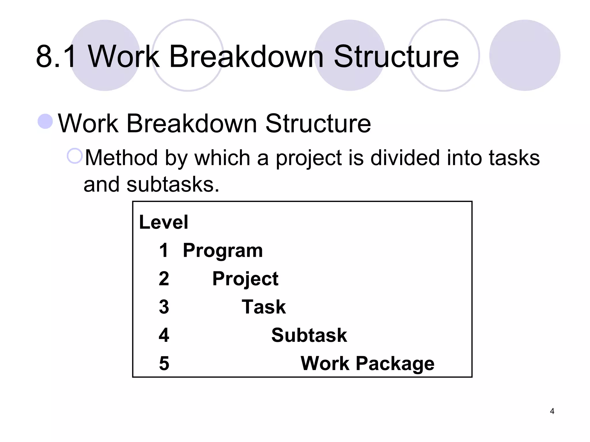 8.1 Work Breakdown Structure Work Breakdown Structure Method by which a project is divided into tasks and subtasks. Level 1 Program 2 Project 3 Task 4 Subtask 5 Work Package 