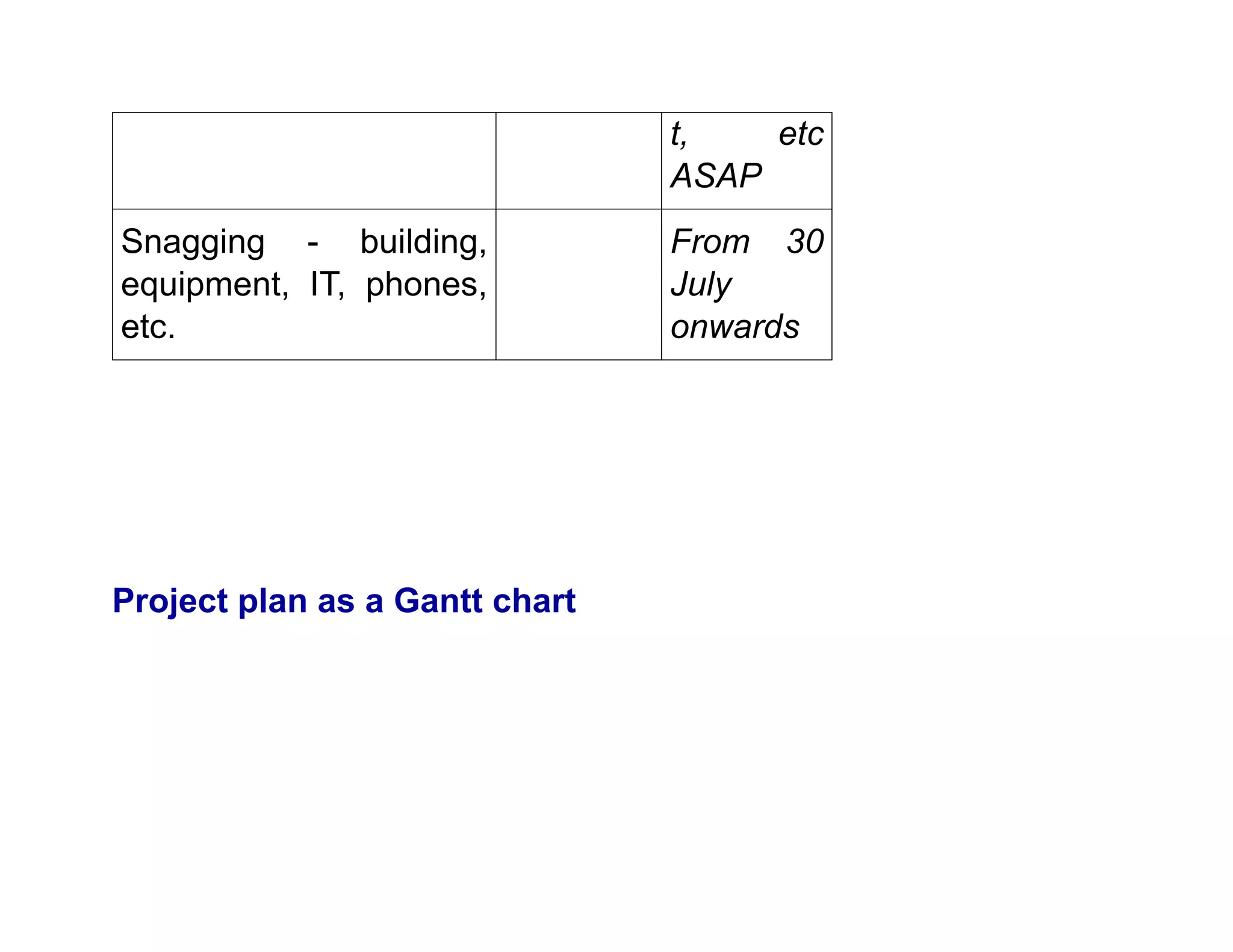 t, etc
ASAP
Snagging - building,
equipment, IT, phones,
etc.
From 30
July
onwards
Project plan as a Gantt chart
 