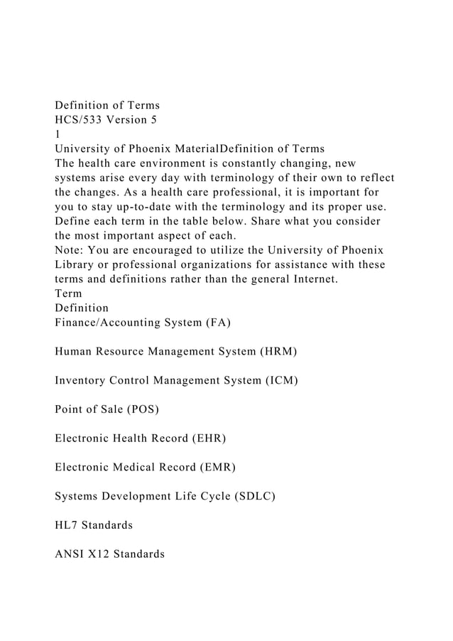 Definition of Terms HCS533 Version 51University of Phoeni.docx