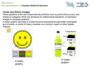 BTec Level 3
Extended Diploma in Creative Media Production

 Vector and Rector Images.
 Vector graphics is the use of geometrical primitives such as points,lines,curves, and
 shapes or polygons which are all based on mathematical equations, to represent
 images in computer graphics.
 A raster graphic (bit-map) is a data structure representing a generally rectangular
 grid of pixels, or points of colour viewable via a monitor, paper or other display
 medium.




                                                                  A vector
              A raster
                                                                  graphic
              graphic
 