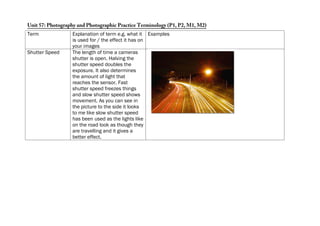 Unit 57: Photography and Photographic Practice Terminology (P1, P2, M1, M2)
Term              Explanation of term e.g. what it Examples
                  is used for / the effect it has on
                  your images
Shutter Speed     The length of time a cameras
                  shutter is open. Halving the
                  shutter speed doubles the
                  exposure. It also determines
                  the amount of light that
                  reaches the sensor. Fast
                  shutter speed freezes things
                  and slow shutter speed shows
                  movement. As you can see in
                  the picture to the side it looks
                  to me like slow shutter speed
                  has been used as the lights like
                  on the road look as though they
                  are travelling and it gives a
                  better effect.
 