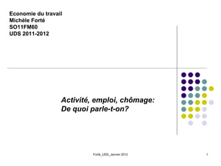 Forté_UDS_Janvier 2012 1
Economie du travail
Michèle Forté
SO11FM60
UDS 2011-2012
Activité, emploi, chômage:
De quoi parle-t-on?
 