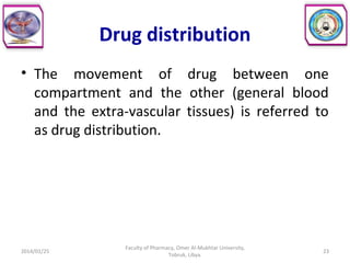 Drug distribution
• The movement of drug between one
compartment and the other (general blood
and the extra-vascular tissues) is referred to
as drug distribution.
2014/01/25 23
Faculty of Pharmacy, Omer Al-Mukhtar University,
Tobruk, Libya.
 