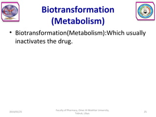 Biotransformation
(Metabolism)
• Biotransformation(Metabolism):Which usually
inactivates the drug.
2014/01/25 25
Faculty of Pharmacy, Omer Al-Mukhtar University,
Tobruk, Libya.
 