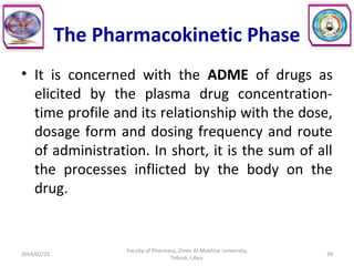 The Pharmacokinetic Phase
• It is concerned with the ADME of drugs as
elicited by the plasma drug concentration-
time profile and its relationship with the dose,
dosage form and dosing frequency and route
of administration. In short, it is the sum of all
the processes inflicted by the body on the
drug.
2014/01/25 39
Faculty of Pharmacy, Omer Al-Mukhtar University,
Tobruk, Libya.
 