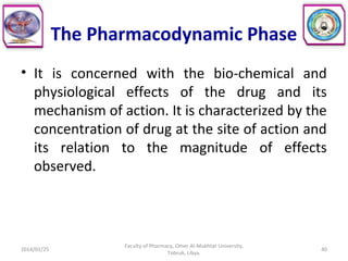 The Pharmacodynamic Phase
• It is concerned with the bio-chemical and
physiological effects of the drug and its
mechanism of action. It is characterized by the
concentration of drug at the site of action and
its relation to the magnitude of effects
observed.
2014/01/25 40
Faculty of Pharmacy, Omer Al-Mukhtar University,
Tobruk, Libya.
 