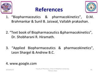 References
1. “Biopharmaceutics & pharmacokinetics”, D.M.
Brahmankar & Sunil B. Jaiswal, Vallabh prakashan.
2. “Text book of Biopharmaceutics &pharmacokinetics”,
Dr. Shobharani R. Hiramath.
3. “Applied Biopharmaceutics & pharmacokinetics”,
Leon Shargel & Andrew B.C.
4. www.google.com
2014/01/25 45
Faculty of Pharmacy, Omer Al-Mukhtar University,
Tobruk, Libya.
 